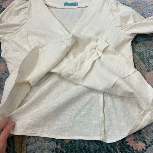 Sonja Wilson Blouse Jacket Women Large White V-Neck Button Up Pearl Button Puff - Picture 15 of 16